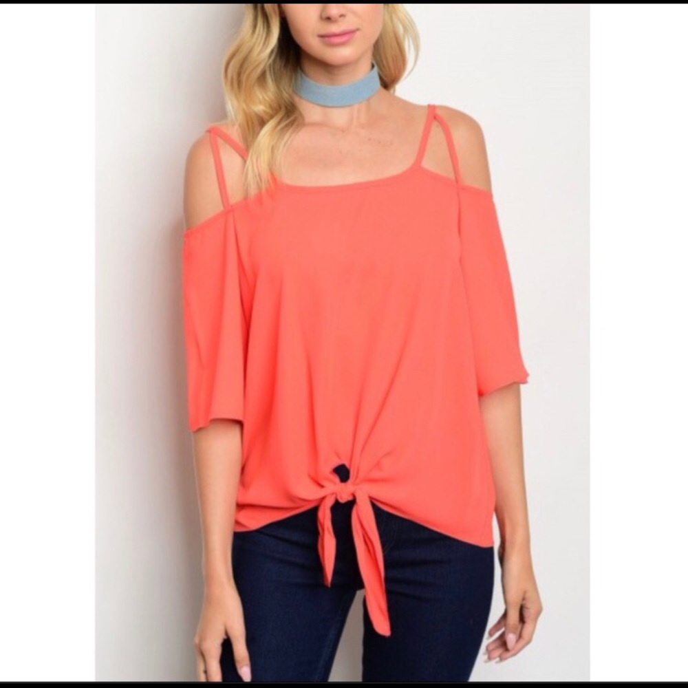 New Coral Off the Shoulder Top Tie Front